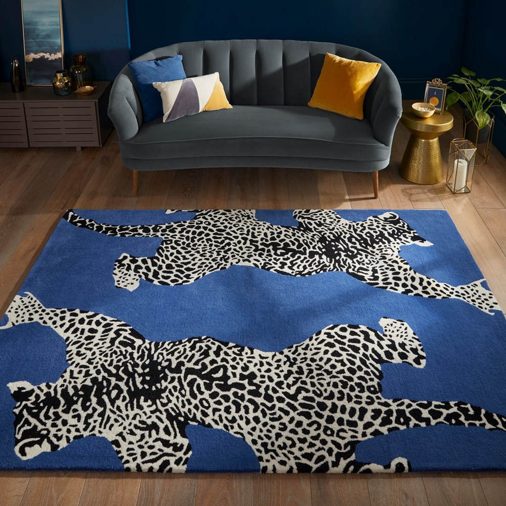 Climbing Jaguar Modern Wool Rugs in Dark Blue